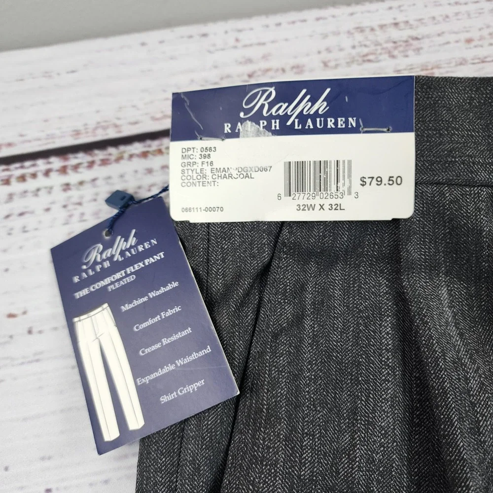 Ralph Ralph Lauren Comfort Flex Pant NWT Mens 32W x 32L Charcoal Pleated Dress